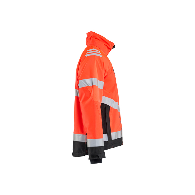 Orange reflexjacka med svarta detaljer och vita reflexränder.