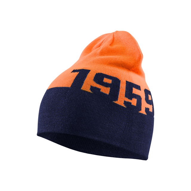 Orange och mörkblå mössa med texten 1959 i mörkblått på den orange delen.