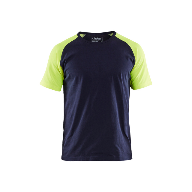 Mörkblå t-shirt med korta ärmar i varselgul färg.