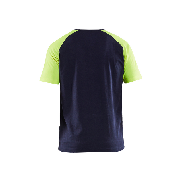 Blå t-shirt med korta ärmar i neongrön färg, sedd bakifrån.