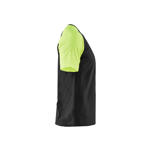 Svart och neongul t-shirt sedd från sidan.