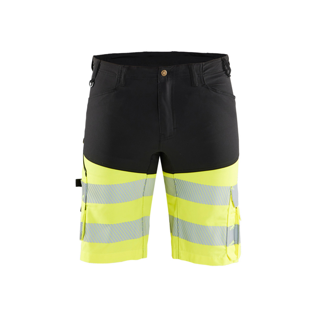 Svart och gul varselshorts med reflexdetaljer och flera fickor.