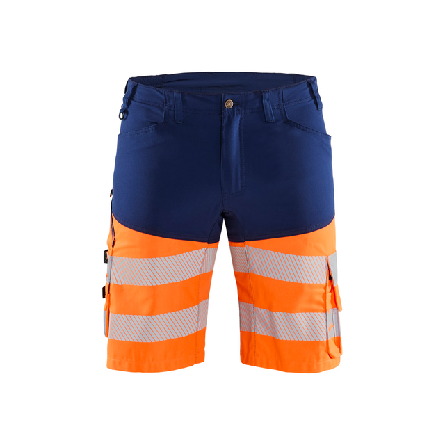 Arbetsbyxor i blått och orange med reflekterande ränder och flera fickor.
