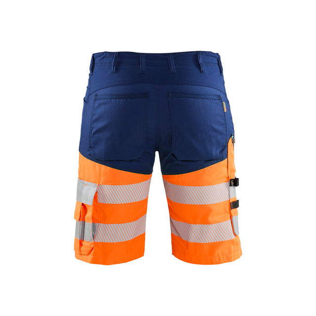 Arbetsbyxor i blått och orange med reflexband och flera fickor.