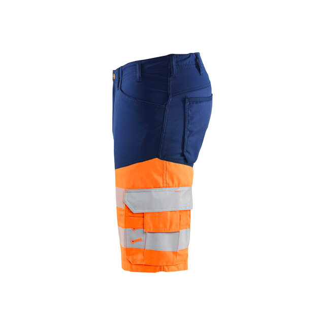 Blå och orange arbetsbyxa med reflexband och flera fickor.