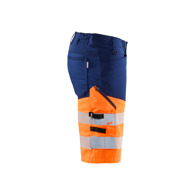 Arbetsbyxor i blått och orange med reflexband och flera fickor.