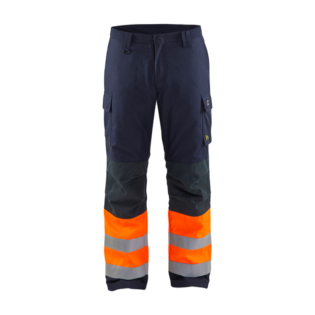 Byxor i mörkblått med orange och reflekterande grå ränder nedtill.
