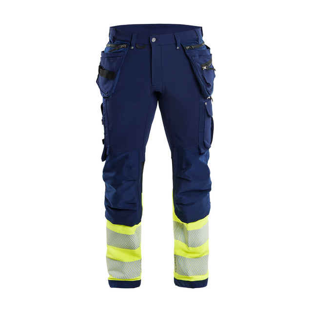 Mörkblå arbetsbyxor med gula reflexband vid benen och flera fickor.