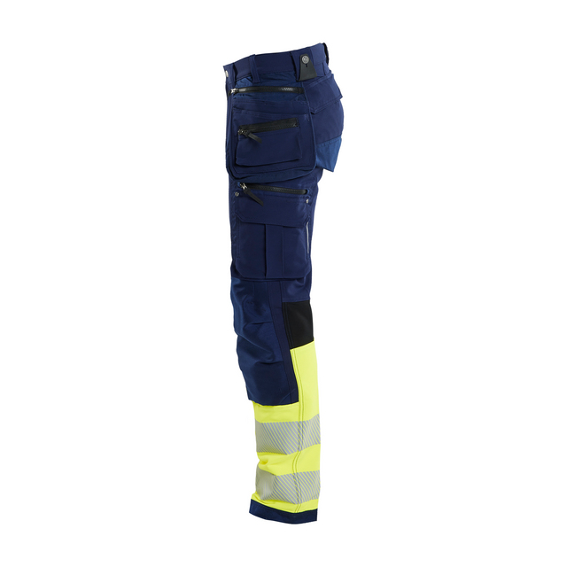 Blå och gul byxa med reflexband och flera fickor.