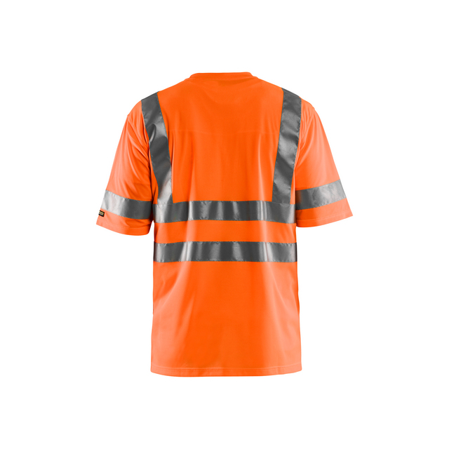 Orange kortärmad reflextröja med silverfärgade horisontella och vertikala reflexband.