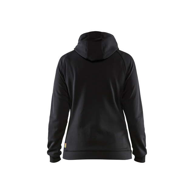 Svart hoodie sedd bakifrån, med raglanärmar och huva, enkel design utan synliga märken.