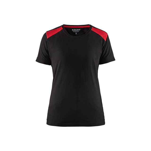 Svart dam-T-shirt med röda axelpartier.