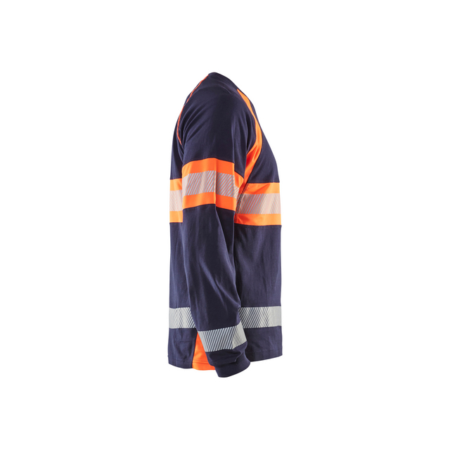 En mörkblå och orange långärmad tröja med reflekterande silverfärgade ränder.