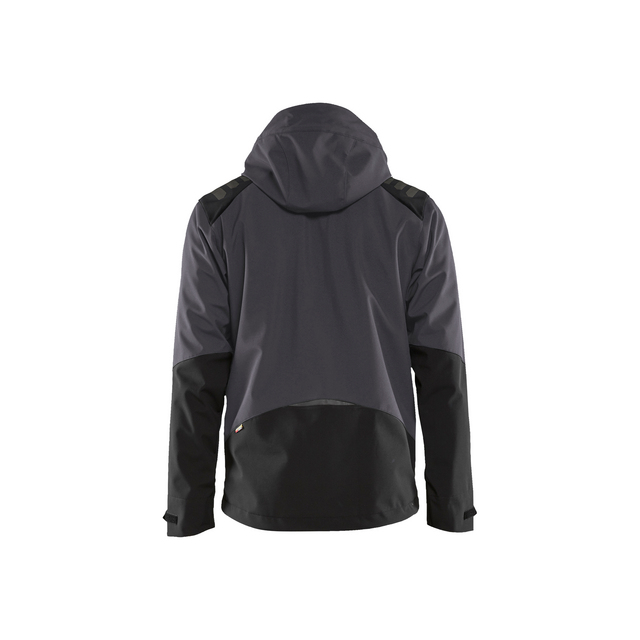 Mörkgrå och svart jacka med huva, sett bakifrån.