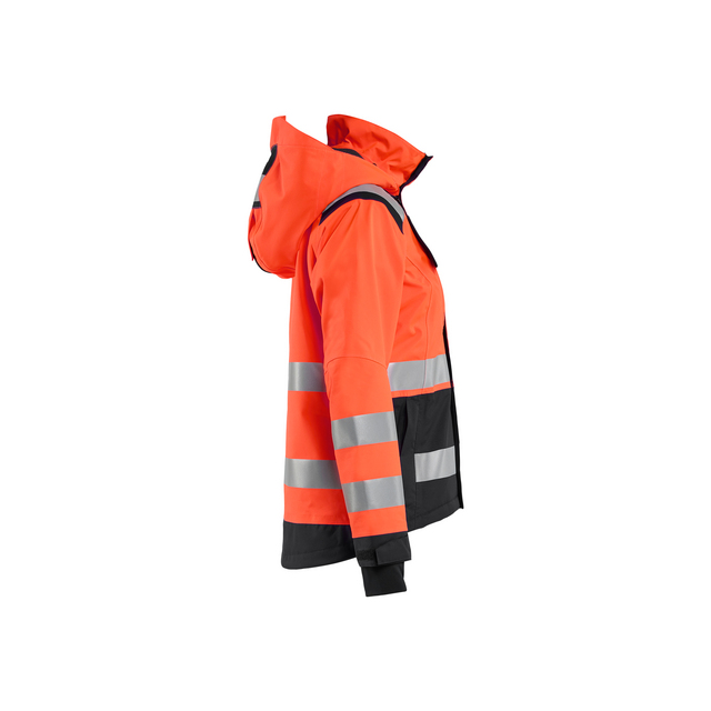 Orange jacka med huva och reflekterande ränder samt svarta detaljer.