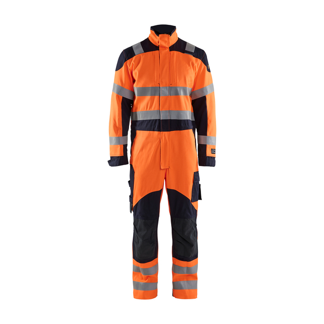 Overall i varselorange och blå med reflexband över bröst, armar och ben.