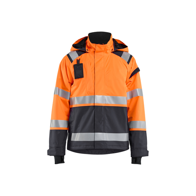 Varselorange och mellangrå skaljacka med reflekterande ränder och svart krage. ID-kortshållare på vänster sida.