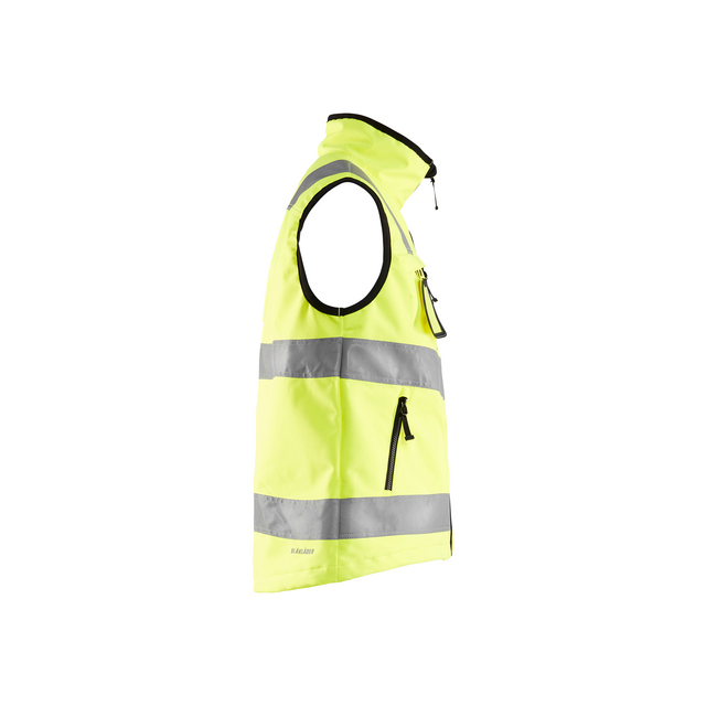 Neongul reflexväst utan ärmar, med dragkedja och flera fickor, inklusive reflexband runt midjan och bröstet.
