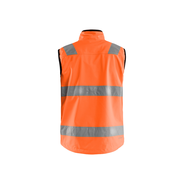 Orange reflexväst med två horisontella och två vertikala reflekterande ränder.