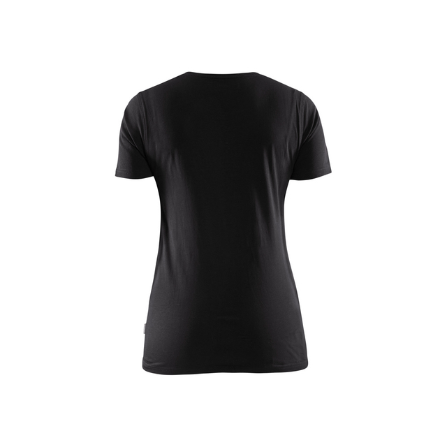 Svart T-shirt sedd bakifrån mot vit bakgrund.