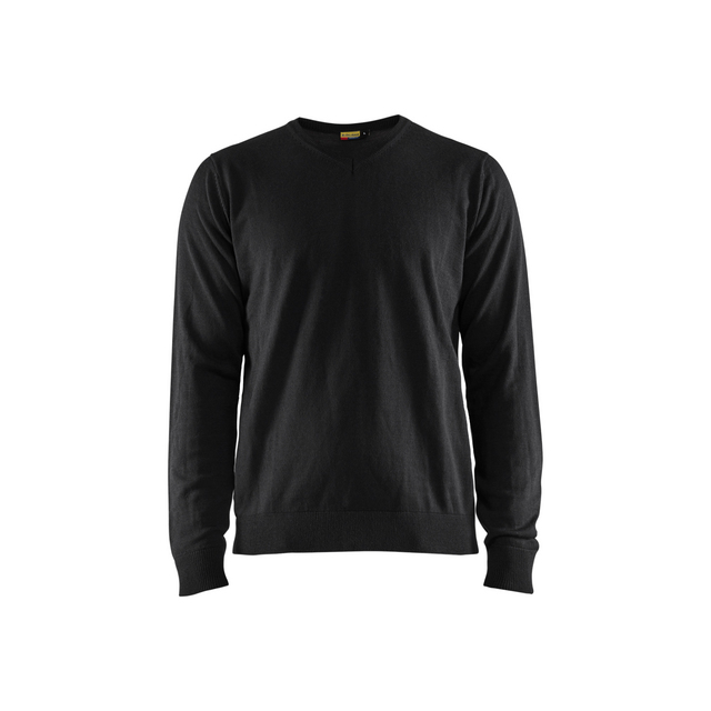 Svart stickad pullover med långa ärmar och rund hals.