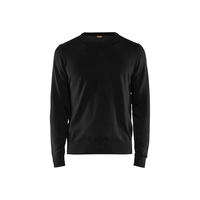 Svart stickad pullover med V-ringning och långa ärmar på vit bakgrund.