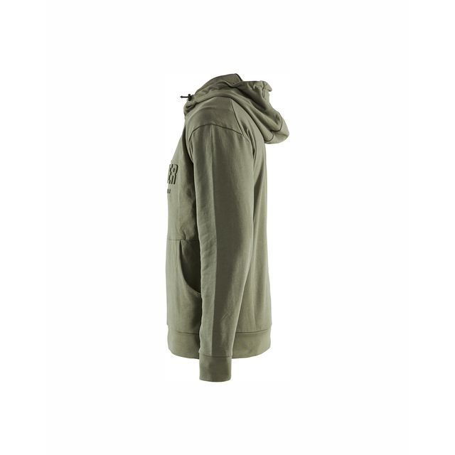 Grön hoodie, sidoprofil, med huva och framficka.