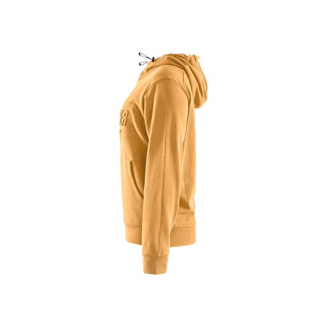 En gul hoodie sedd från sidan, med dragsko i luvan och muddar vid ärmslut.