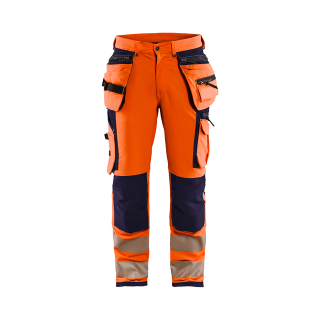 Arbetsbyxor i orange med blå och reflekterande detaljer samt flera fickor.