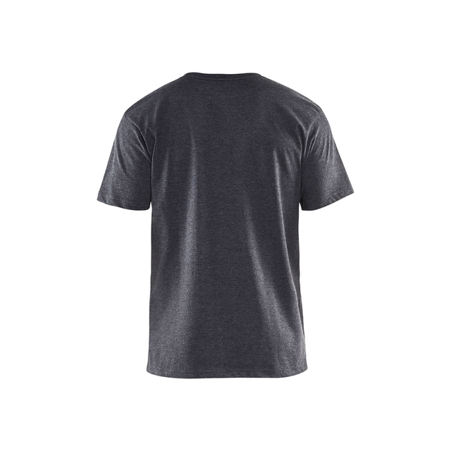 En enfärgad, mörkgrå T-shirt sedd bakifrån med korta ärmar och utan tryck eller mönster.