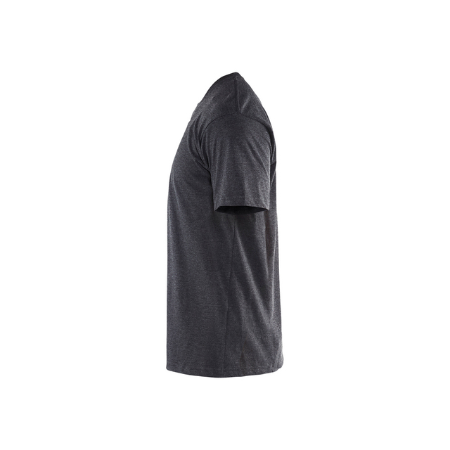 Grå t-shirt sedd från sidan med korta ärmar och rund hals.