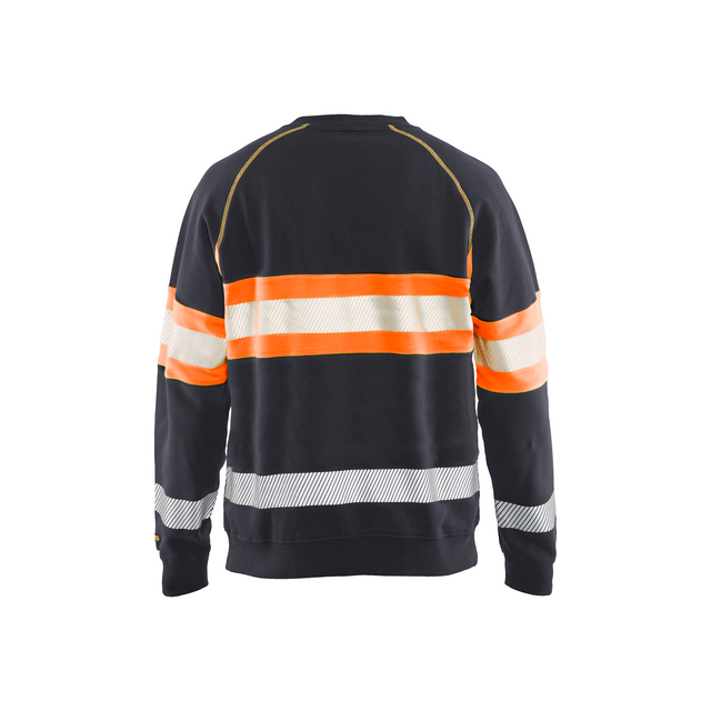 Svart sweatshirt med två orangevita reflexband runt ärmar och bröst.