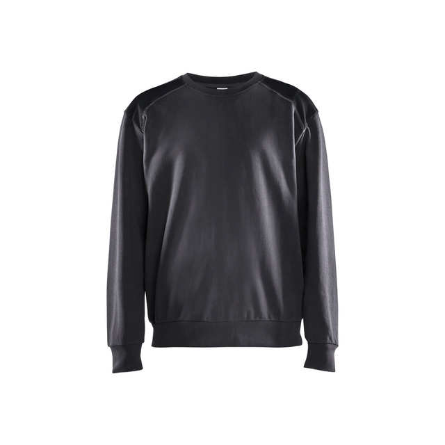 Mellangrå och svart sweatshirt med rund hals och långa ärmar.