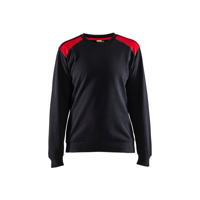 Svart långärmad sweatshirt med röda axelpaneler, rund hals och elastiska ärmslut.