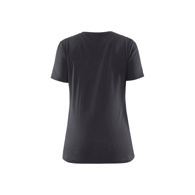 Svart t-shirt sedd bakifrån mot vit bakgrund.