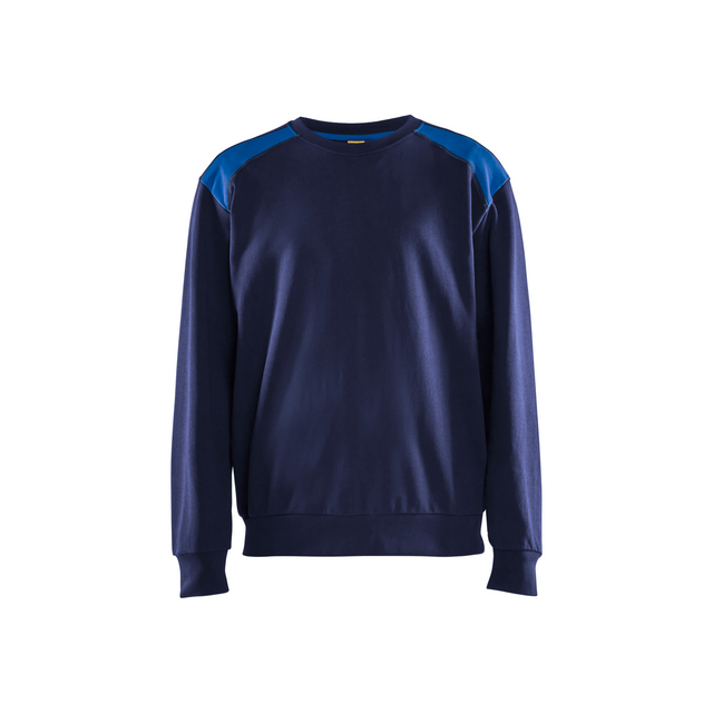 Marinblå sweatshirt med kornblå detaljer på axlarna, rund halsringning och långa ärmar.