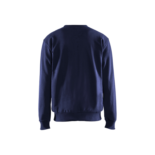 Marinblå sweatshirt sedd bakifrån med rund hals och långa ärmar.