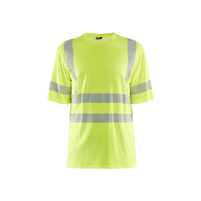 Gul t-shirt med reflekterande ränder på bröstet, ärmarna och midjan.