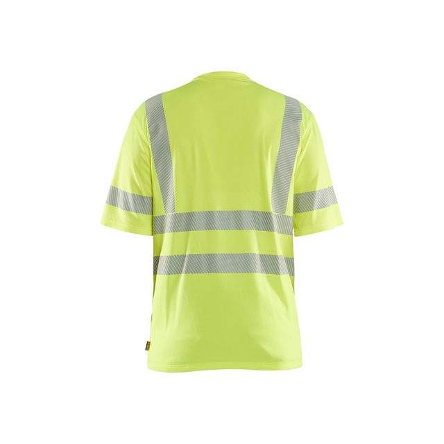 Gul t-shirt i varselfärg med reflexband runt ärmar och nederdel.