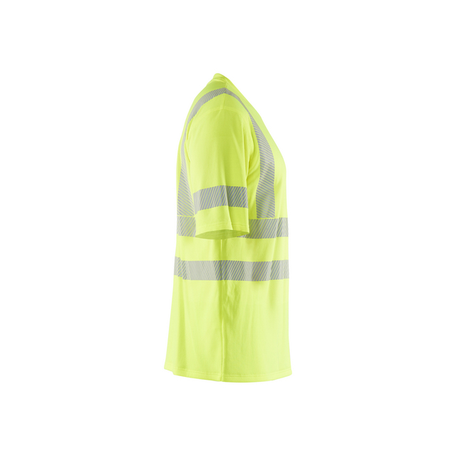 Gul t-shirt med reflexband över bröst och ärmar, sedd från sidan.