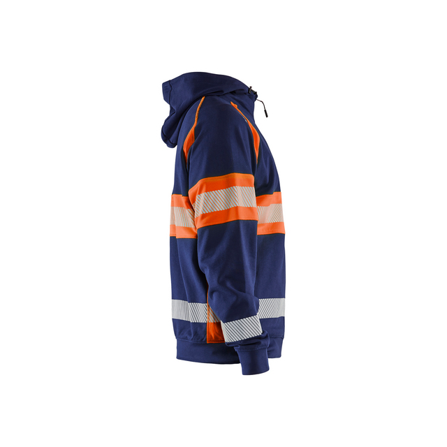 Blå huvtröja med orange och vita reflexband, sedd från sidan.