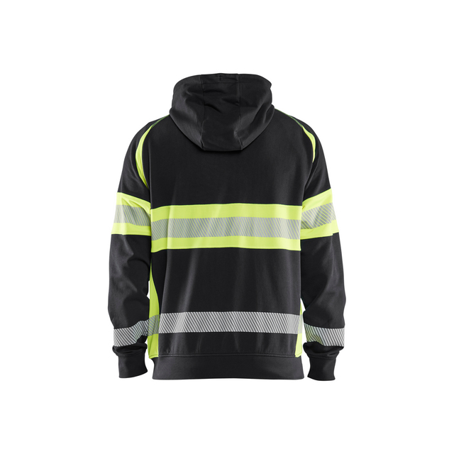 Svart hoodie med gula och grå reflexband på ärmarna och ryggen.