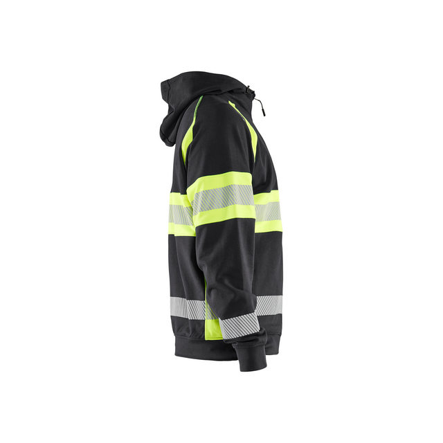 Svart hoodie med gula och grå reflexband, sidosikt.