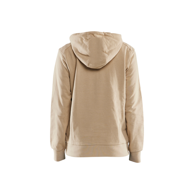 Beige huvtröja sedd bakifrån, med långärmade ärmar och ribbstickade muddar.