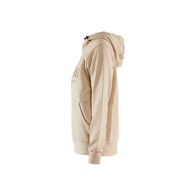 Beige hoodie sedd från sidan med ficka och huva.