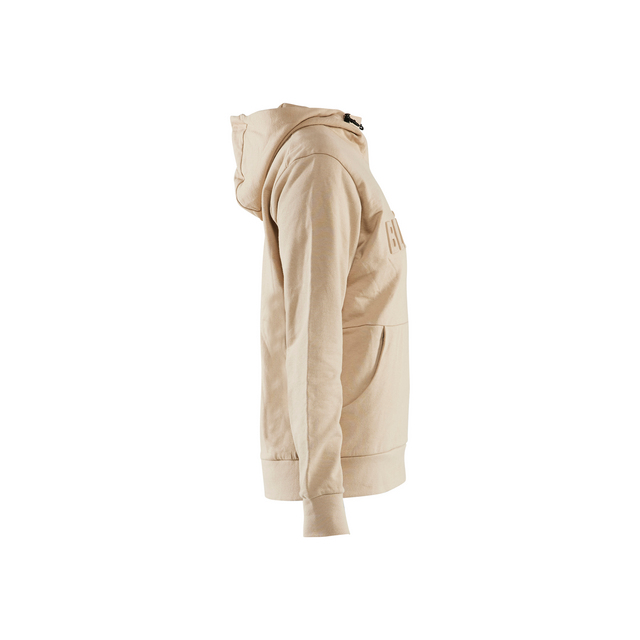 Beige huvtröja i profil, med fickor och snören i luvan.