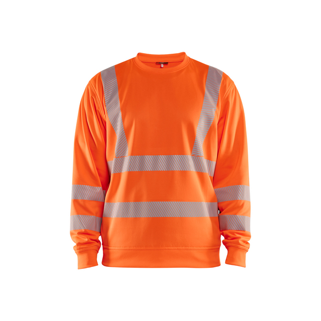Orange sweatshirt med grå reflekterande ränder över bröstet, magen och ärmarna.