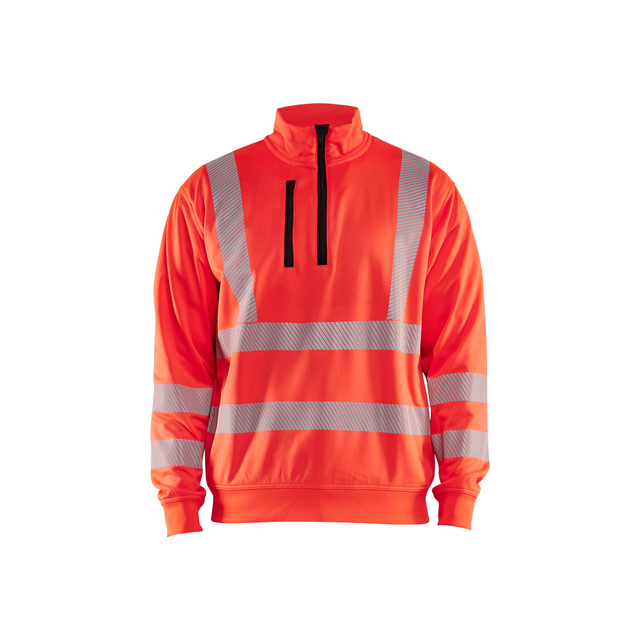 Orange sweatshirt med reflekterande ränder och hel dragkedja framtill.