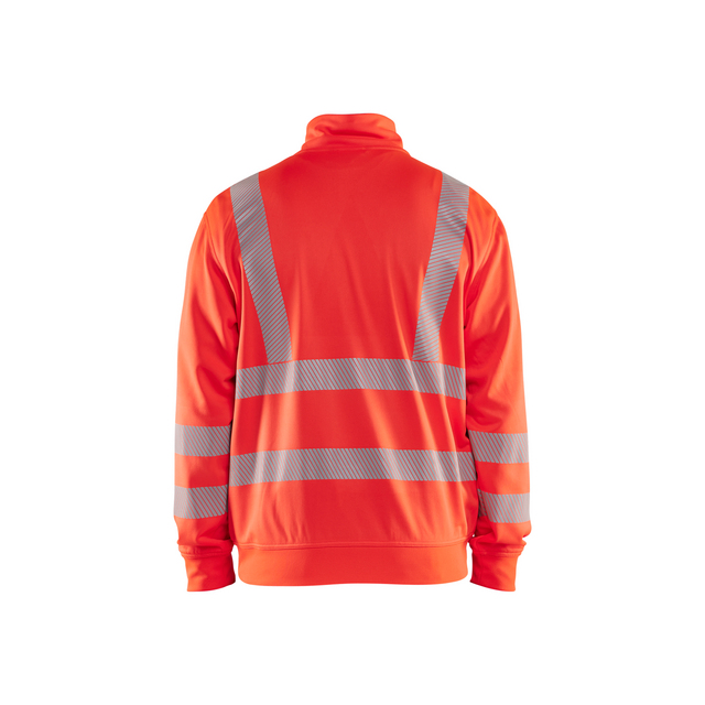 Orange arbetsjacka med reflekterande ränder på ryggen och ärmarna.