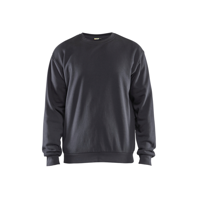 Grå sweatshirt med långa ärmar och rund hals på en vit bakgrund.